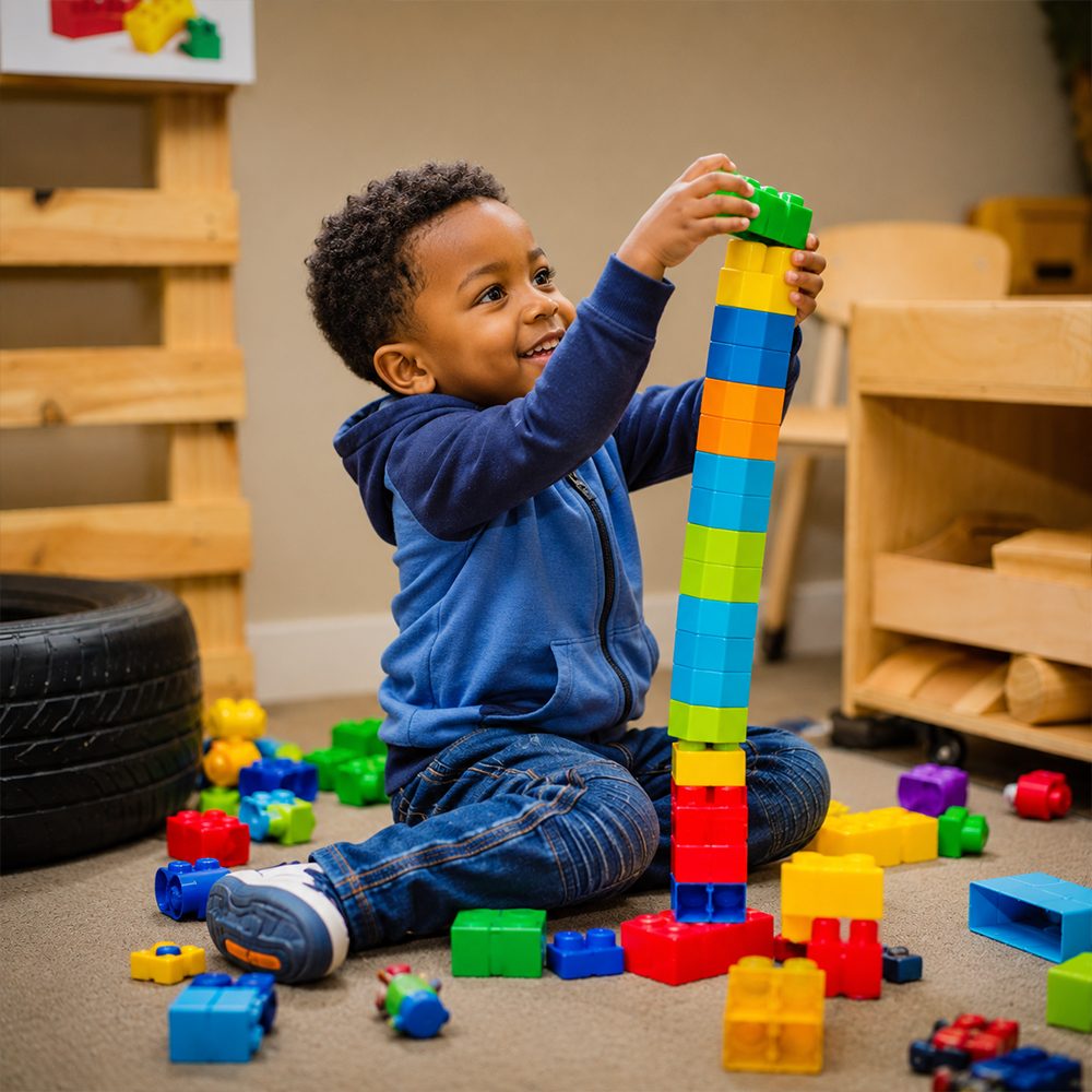 A toddler building a tall block tower