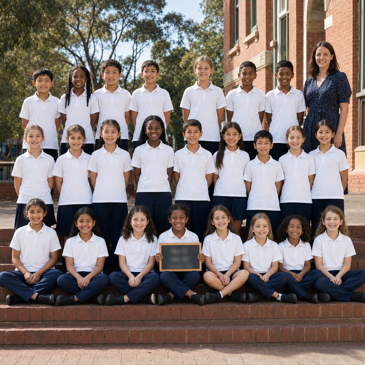 A class group photo with a name board